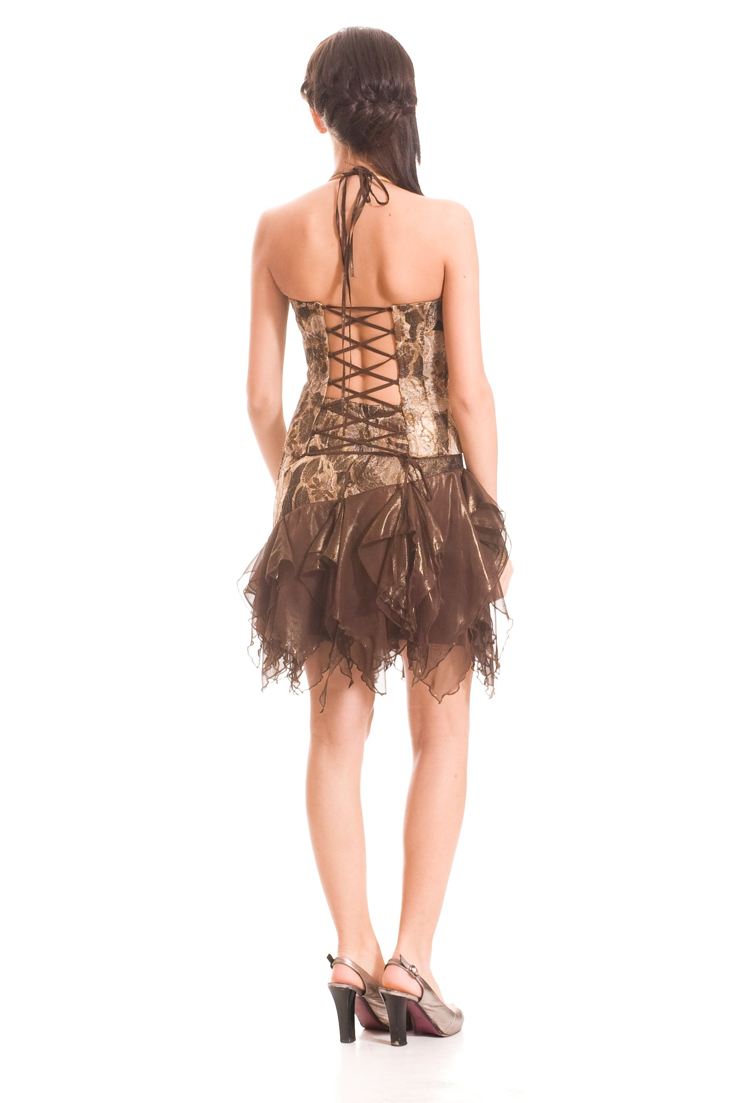 Официален дамски сет от корсет и къса пола с бутикова дантела и органза 70127