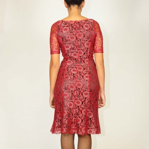 Червена дамска официална дантелена рокля бизнес дължина с къс ръкав 20373