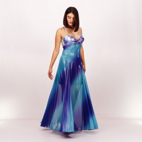 Официална бутикова дълга дамска рокля от шифон в преливащи сини нюанси  20213 С