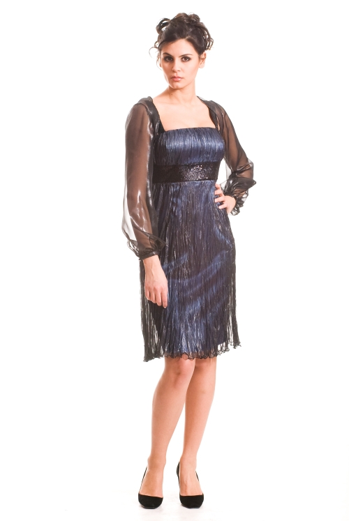 Официална сребристо синя дамска дълга рокля с пайети и ефектно болеро 20208